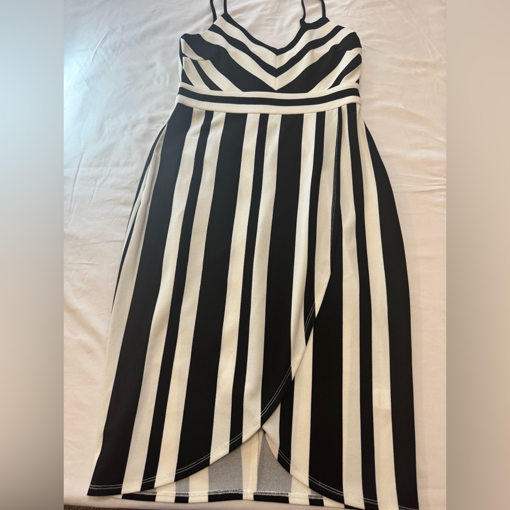 Black & White Striped Spaghetti-Strap Midi Dress